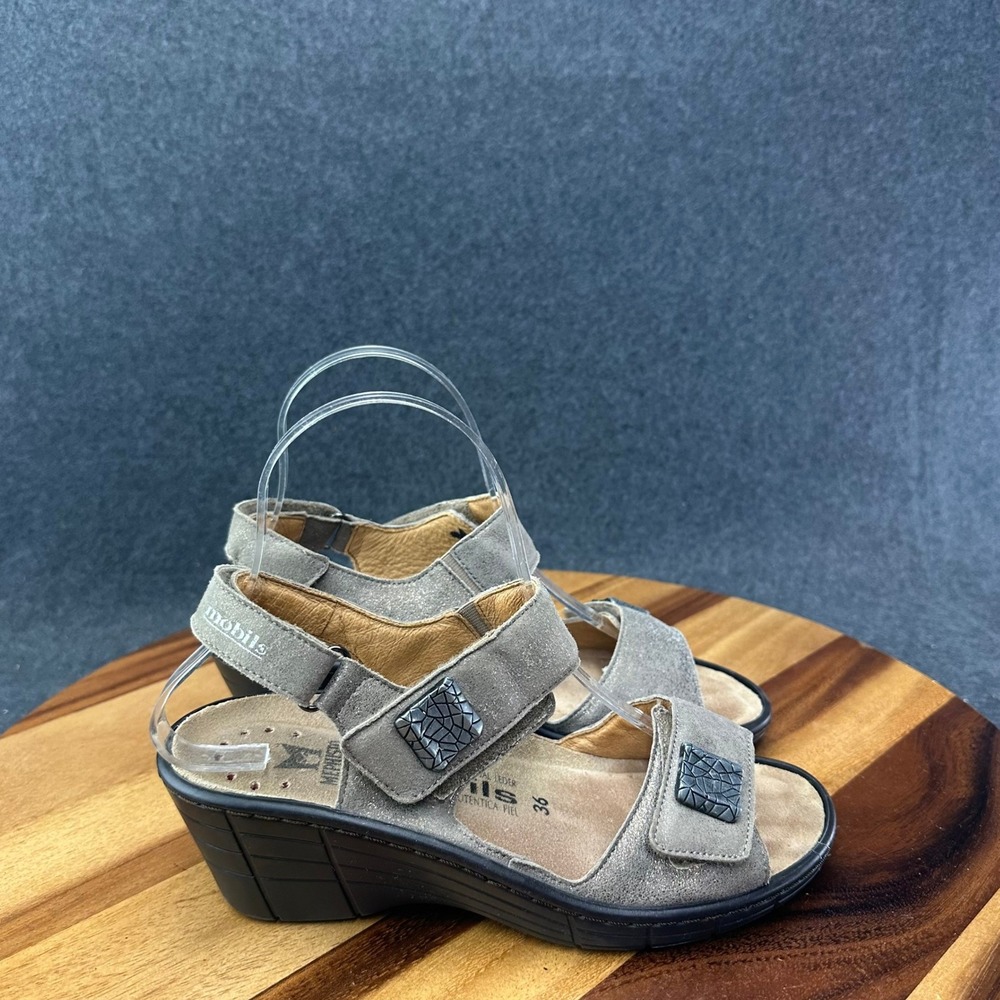 MEPHISTO MOBILS Maryse Comfort Wedge Sandals Shimmer Leather Dark Taupe Size 36